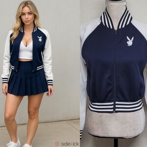 Playboy Bunny Rare Vintage Navy Blue White Cropped Varsity Jacket Playboy Coat